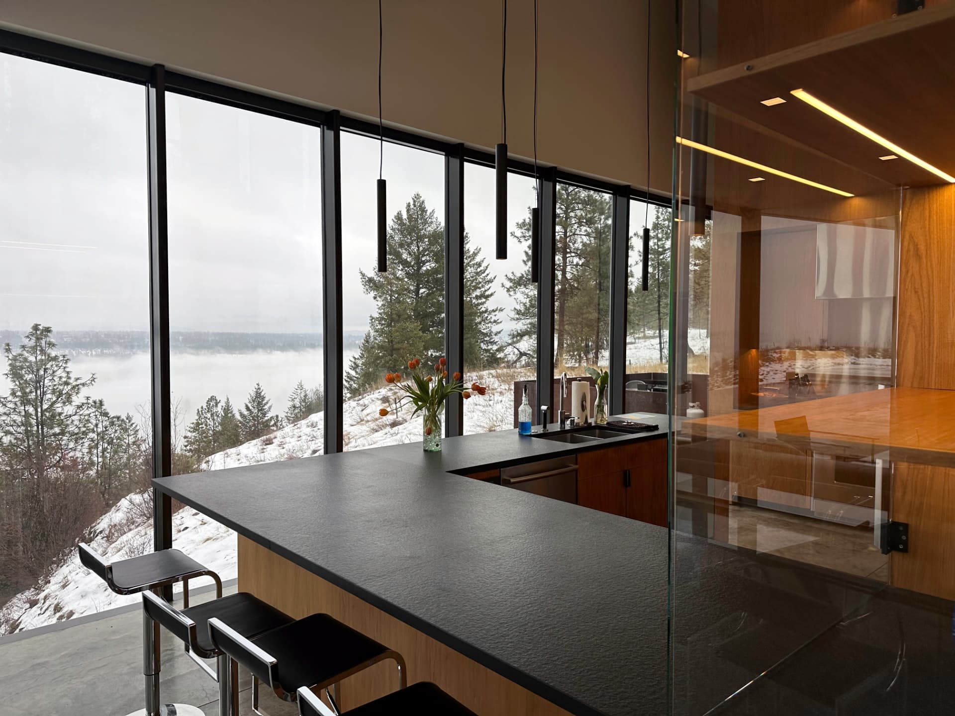 Modern kitchen with window film and mountain view
